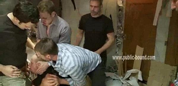  Submissive and blond man gets his mouth brutally fucked by several strange men